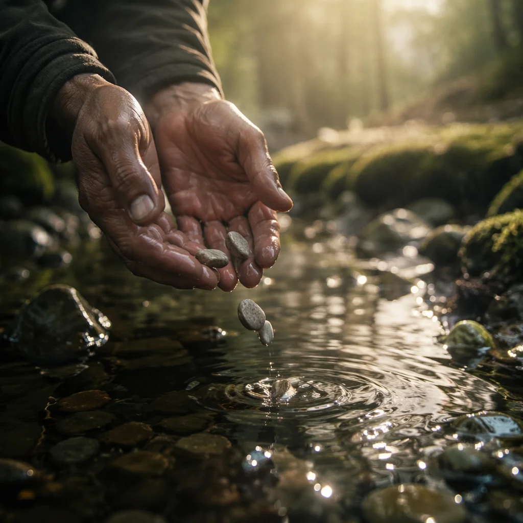 Forgiving Hands Releasing Stones Into Stream