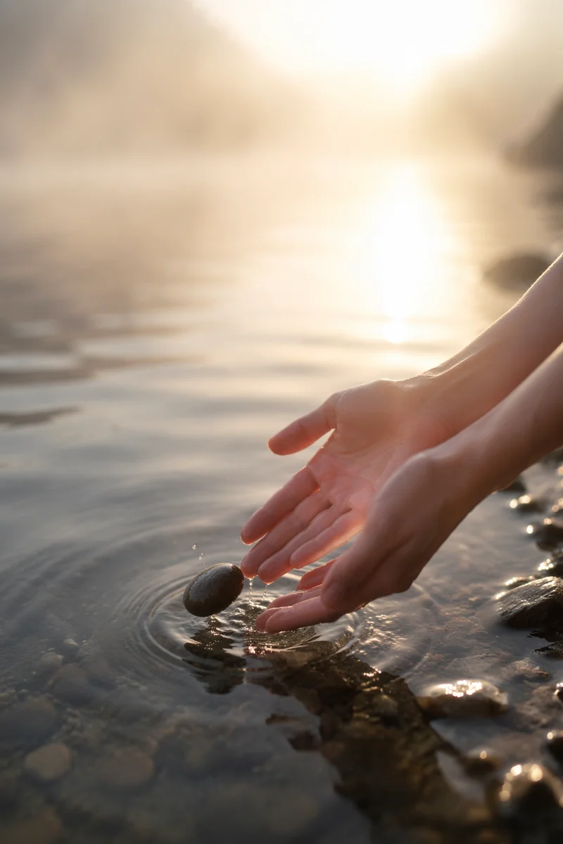 Forgiveness Hands Releasing Stone into Light
