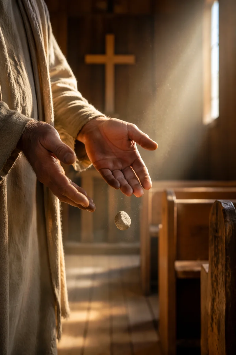 Open Hands Releasing Stone in Chapel Light