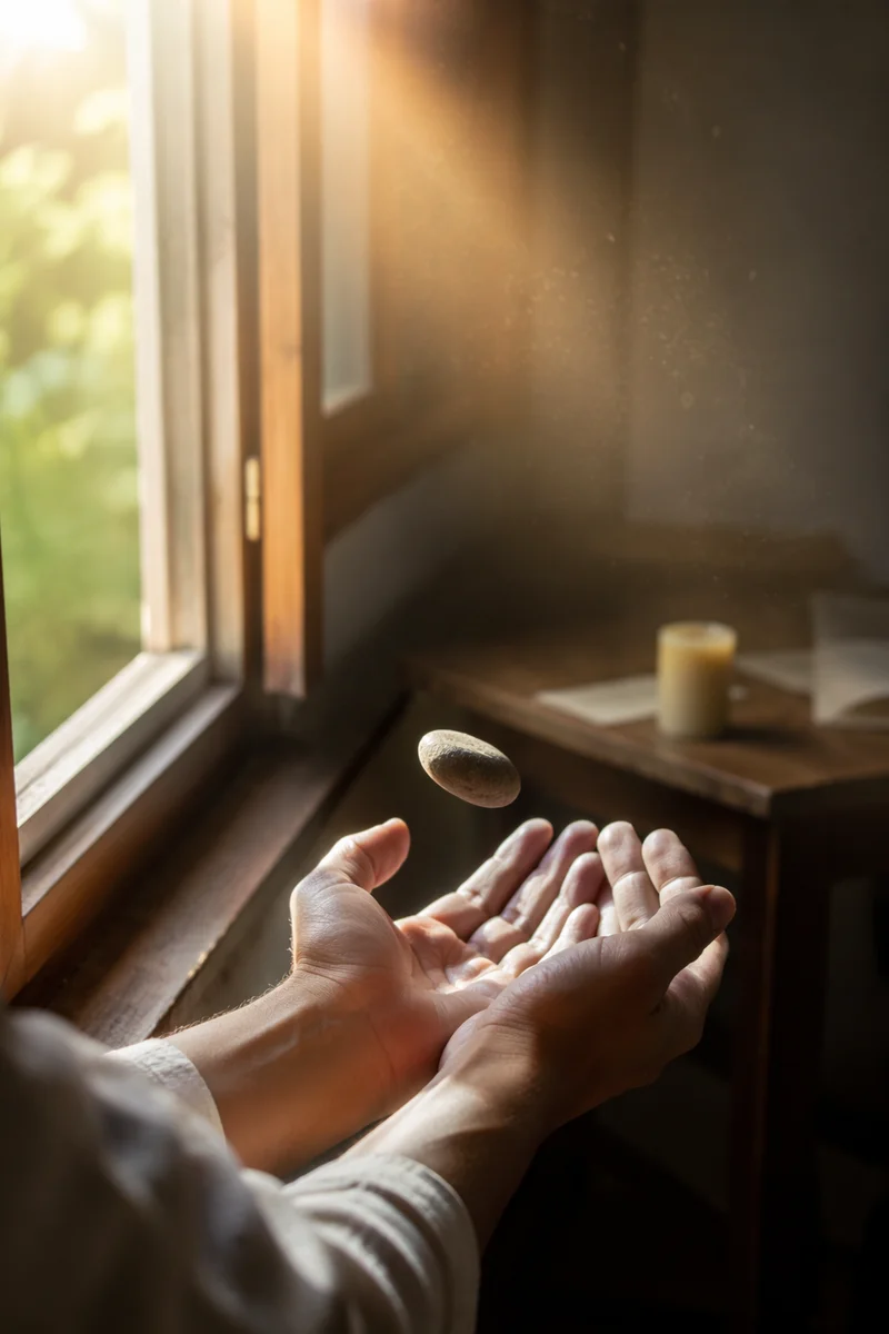 Hands Releasing Stone in Morning Light