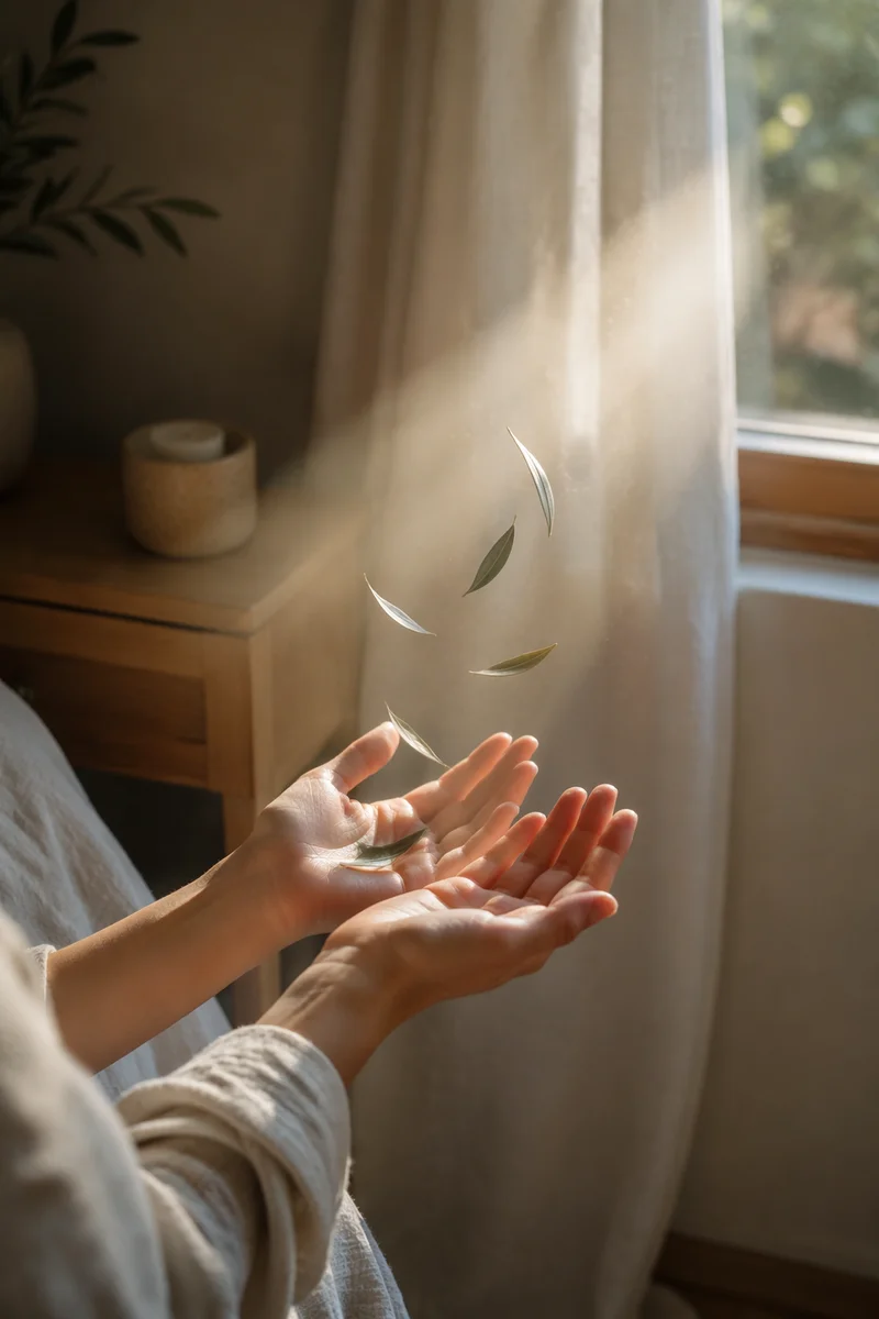 Hands Releasing Olive Leaves in Morning Light