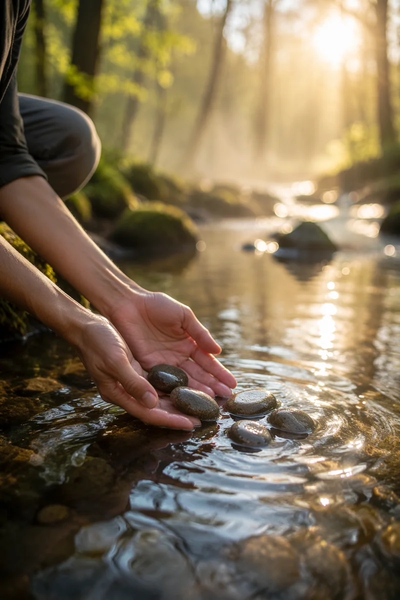 Open Hands Releasing Stones in Sunrise Stream