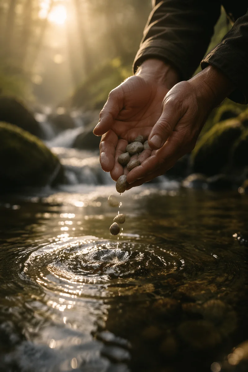 Hands Releasing Stones in Morning Creek