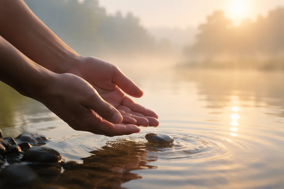 Forgiveness Hands Releasing Stone into River