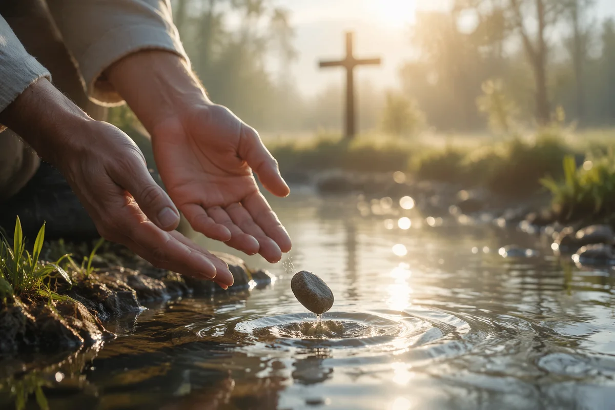 Forgiving Hands Releasing Stone at Sunrise