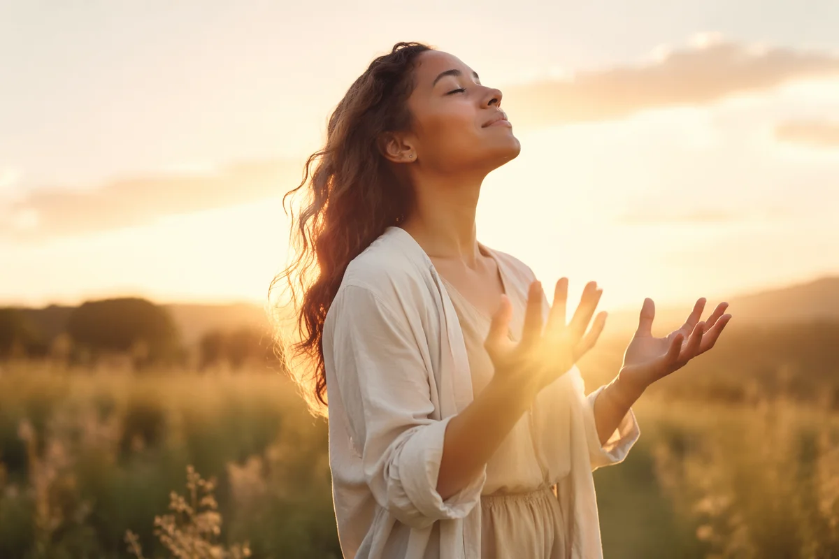 Woman Releasing Hands in Sunrise Meadow