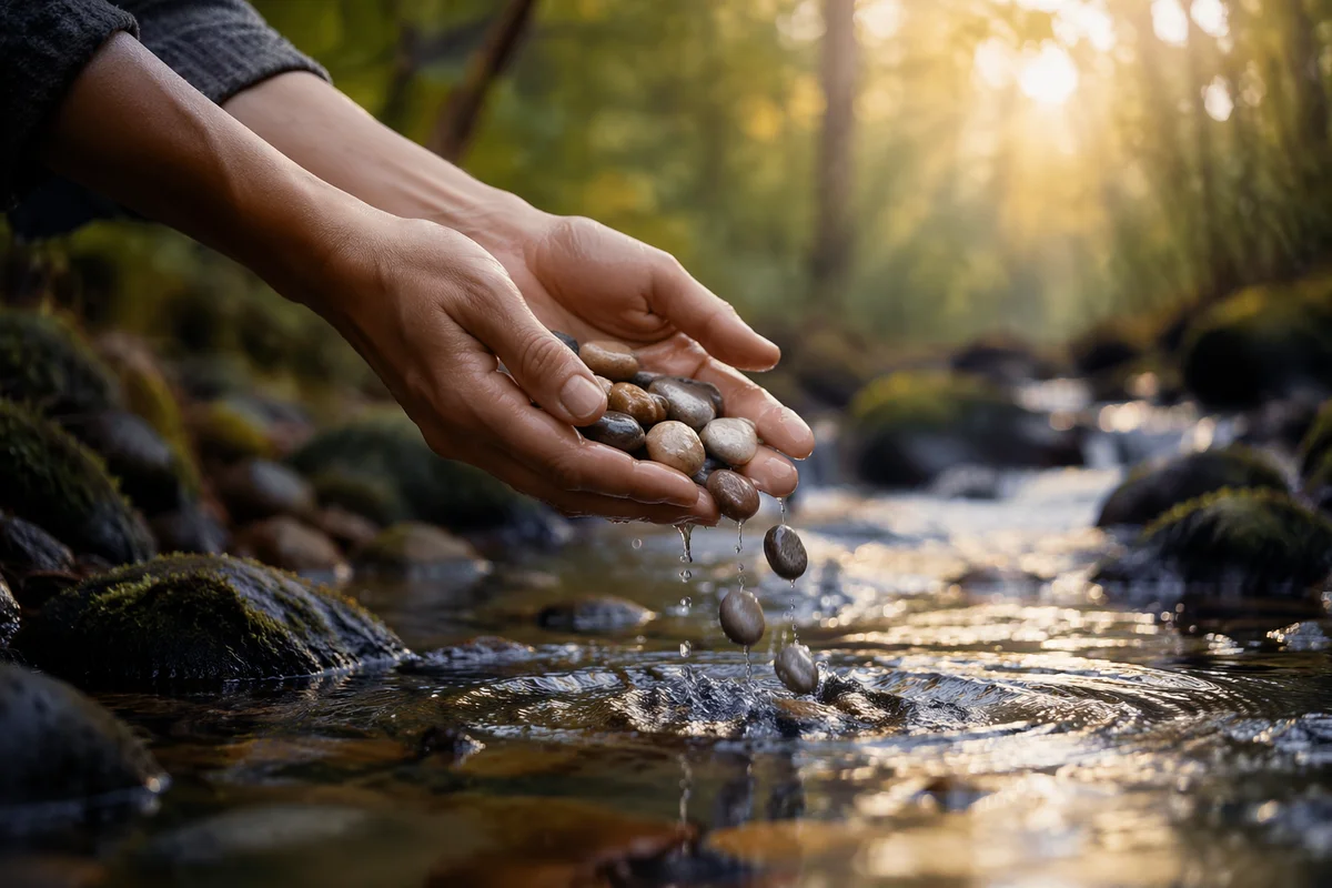 Hands Releasing Stones in Morning Creek