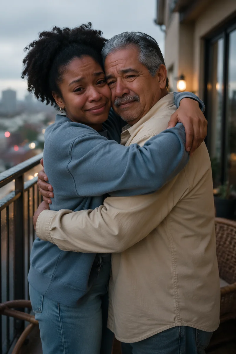 Emotional Father Daughter Balcony Embrace