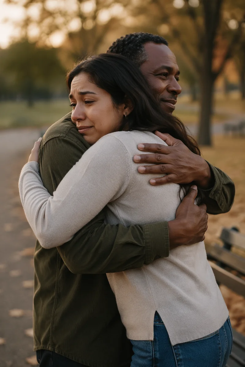 Emotional Reconciliation Embrace in Autumn Park
