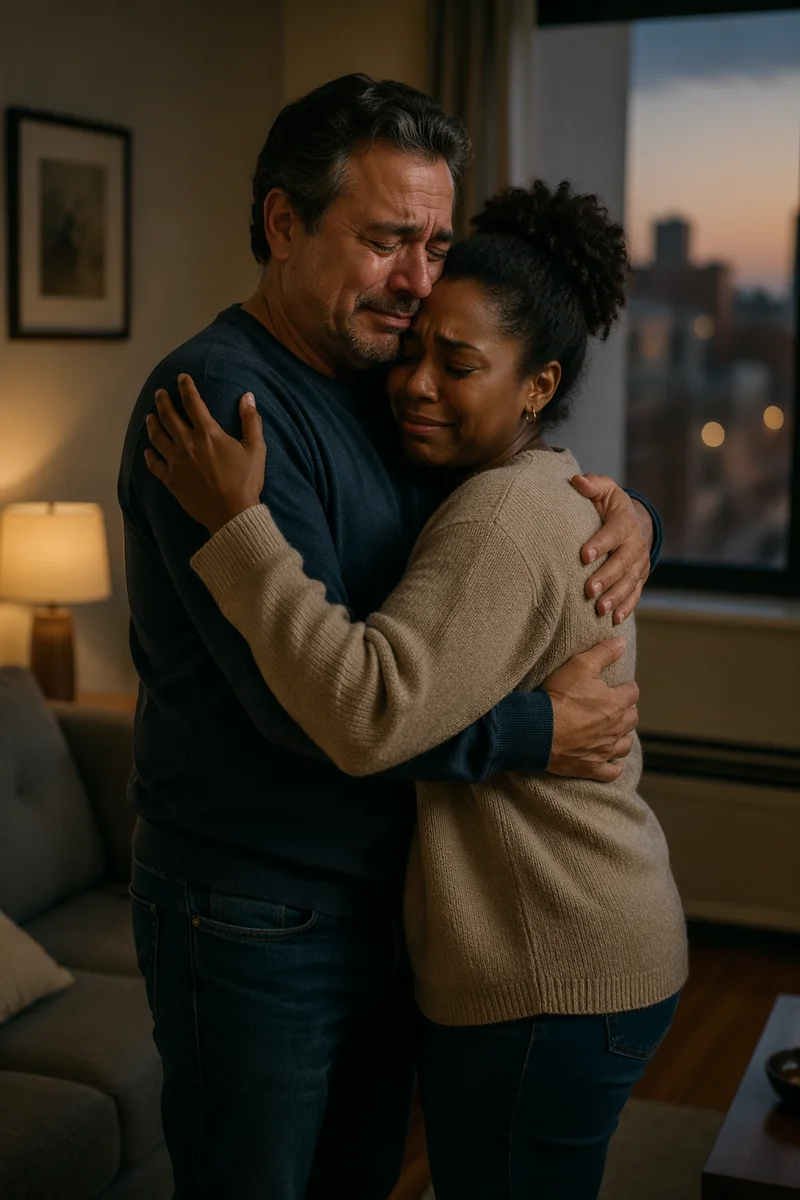 Emotional Reconciliation Embrace in Apartment Living Room