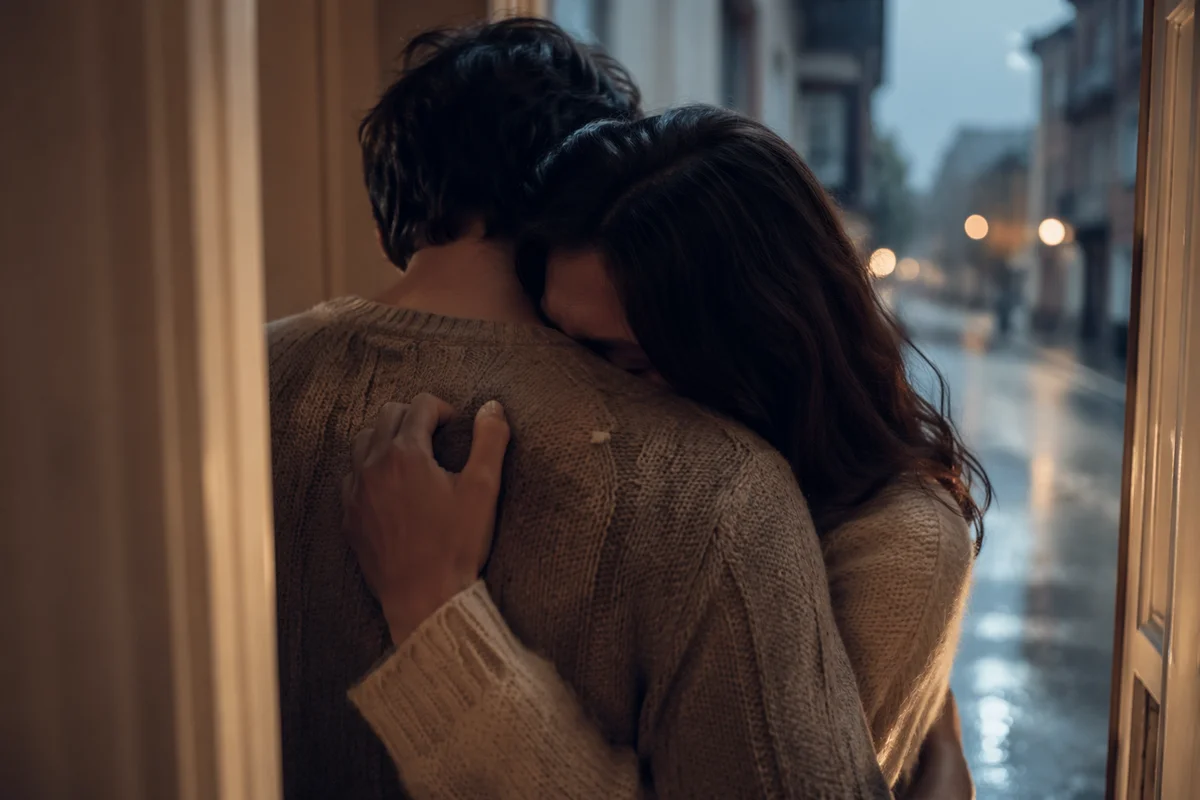Forgiveness Embrace in Rainy Doorway Light