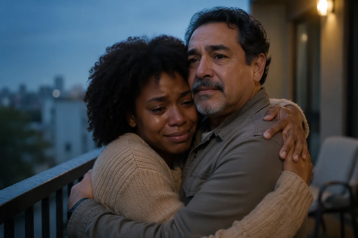 Emotional Reconciliation Embrace on Rainy Balcony