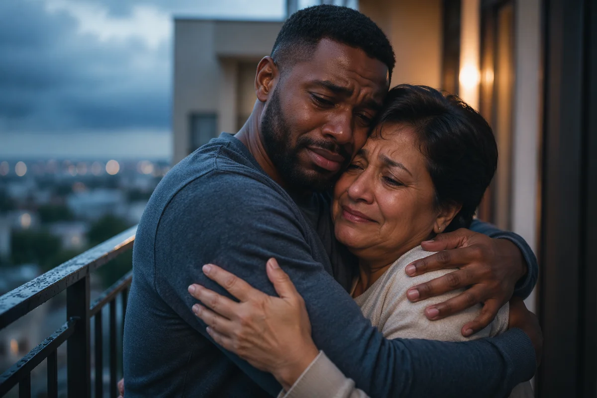 Tearful Reconciliation Embrace on Rainy Balcony