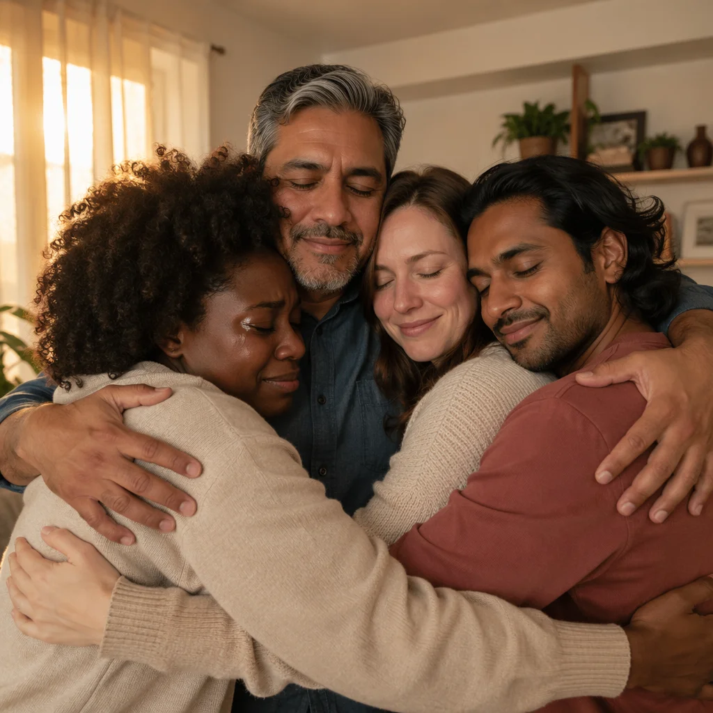 Friends Sharing Emotional Group Hug Indoors