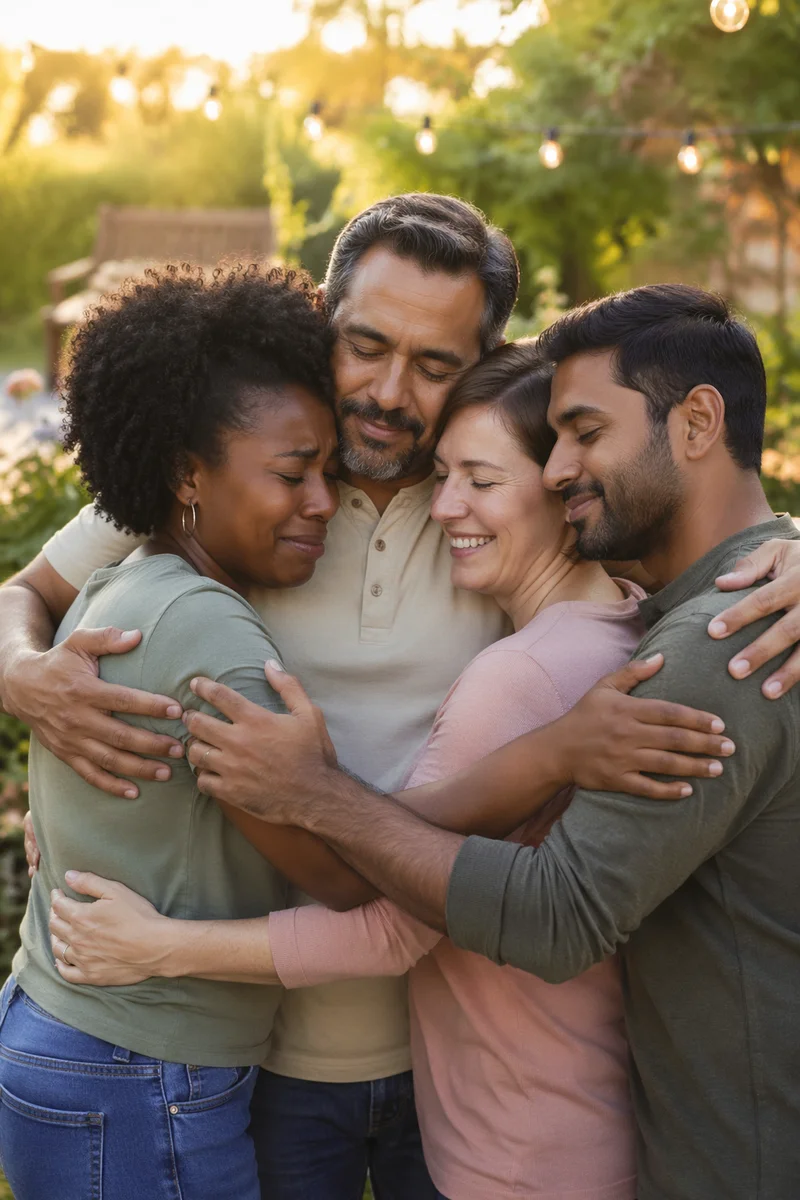Friends Sharing Emotional Group Hug Outdoors