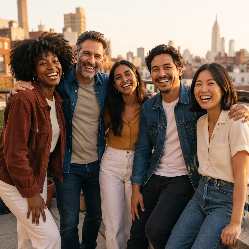Five Friends Laughing on Rooftop Terrace