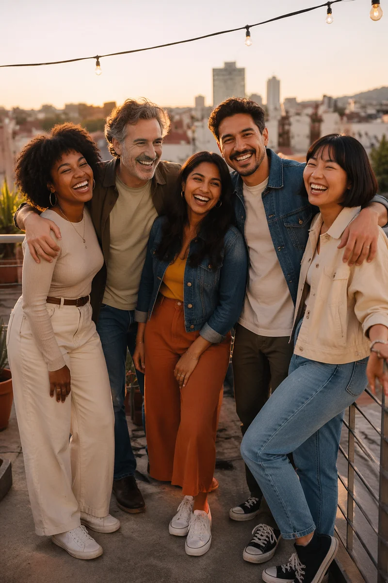 Five Friends Laughing on Rooftop Terrace
