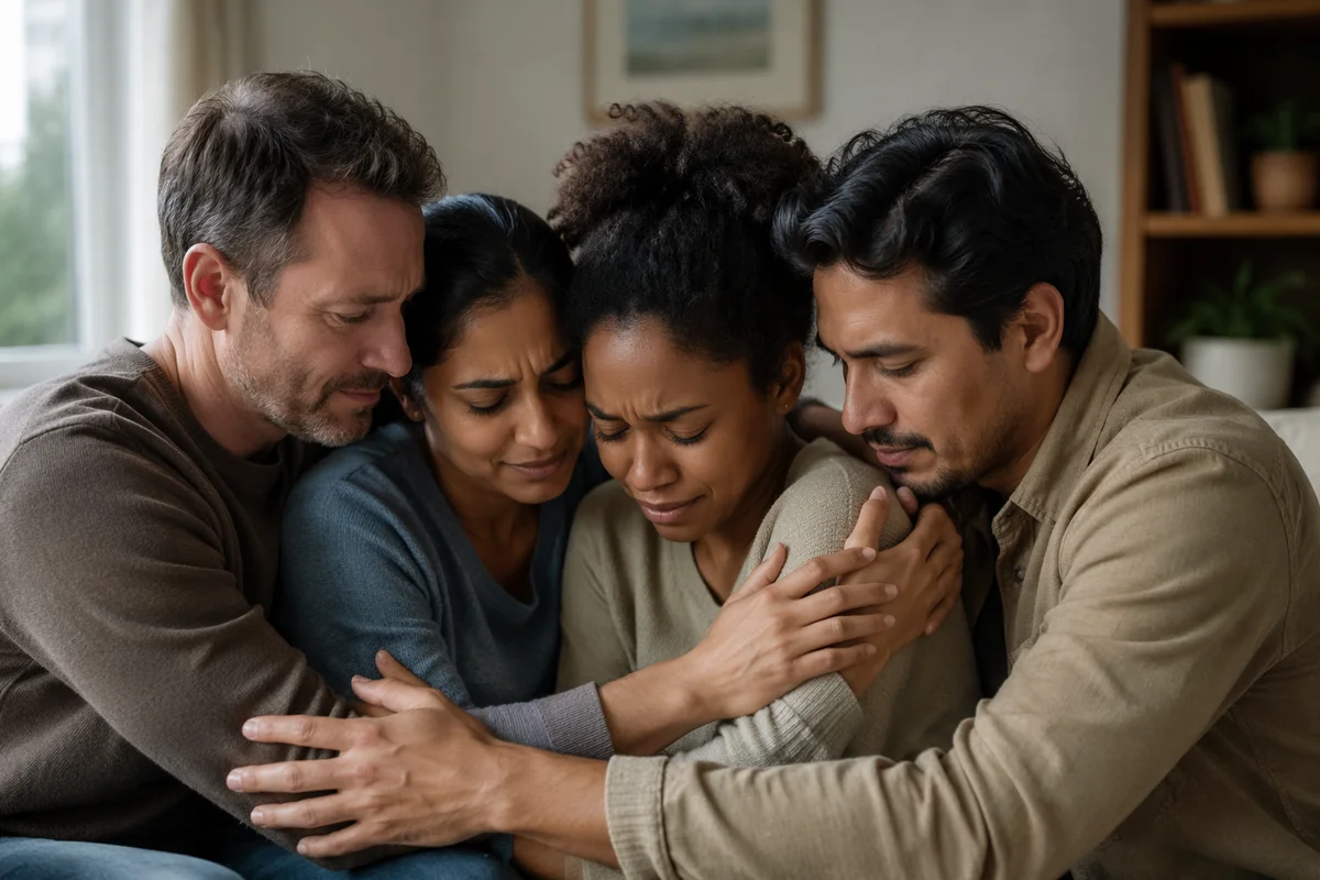 Friends Sharing Comforting Group Hug Indoors