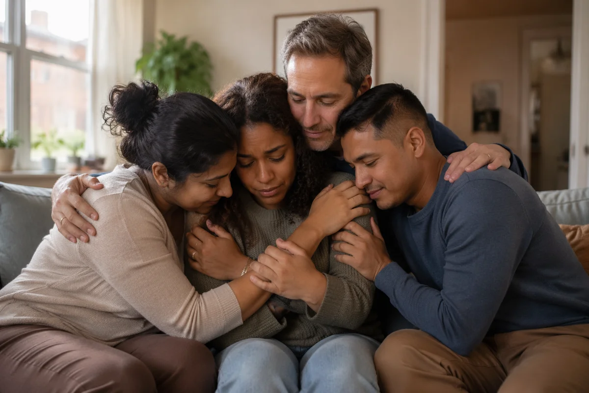 Friends Sharing Comforting Group Hug Indoors