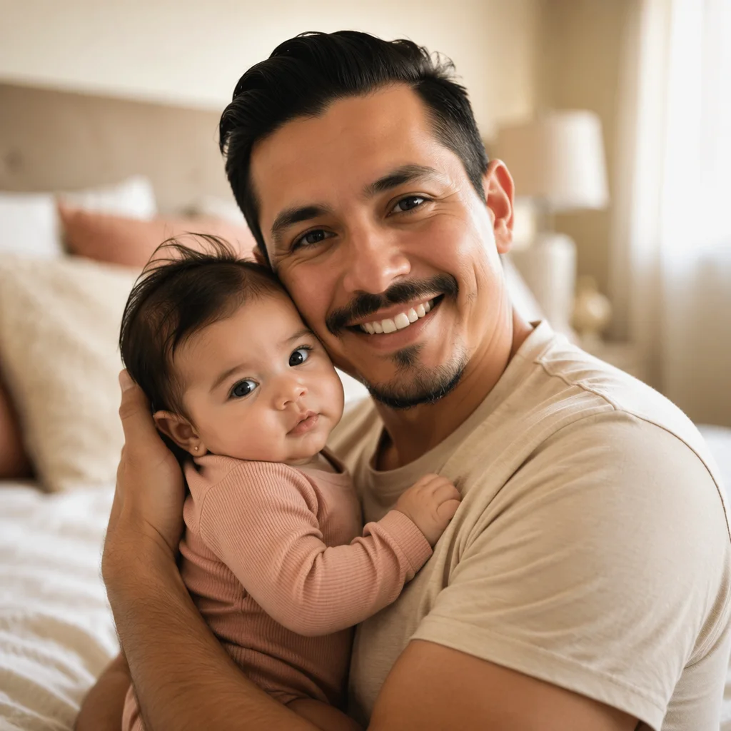 Smiling Father Holding Baby in Bedroom