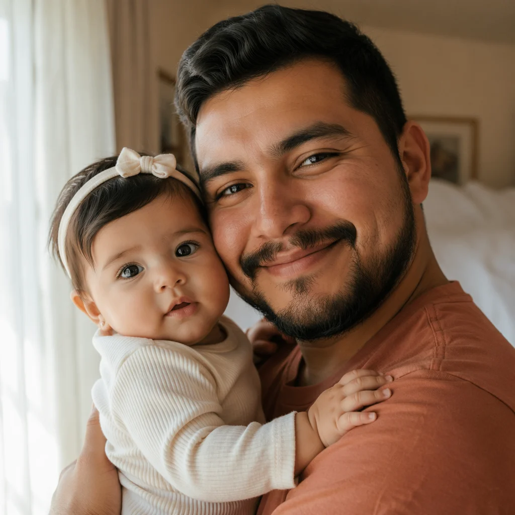 Smiling Father Holding Baby Close Up