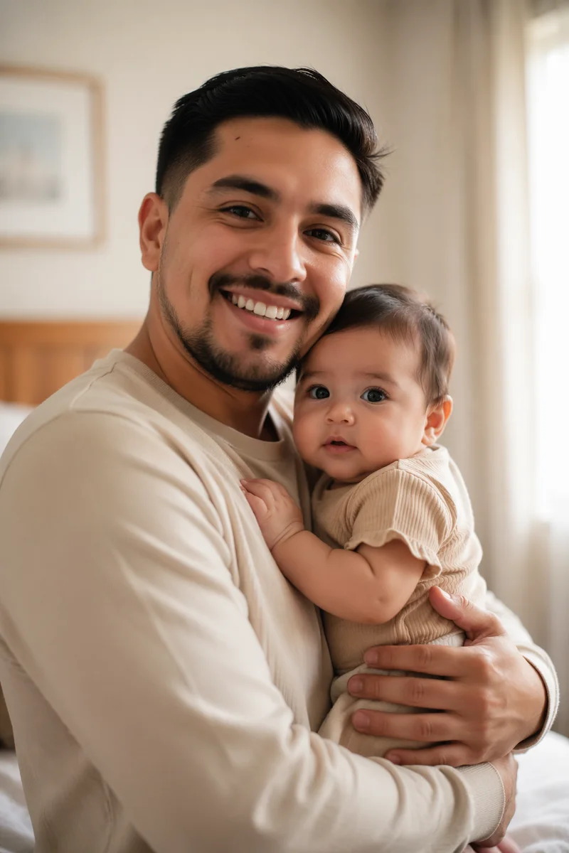 Smiling Father Holding Baby in Bedroom