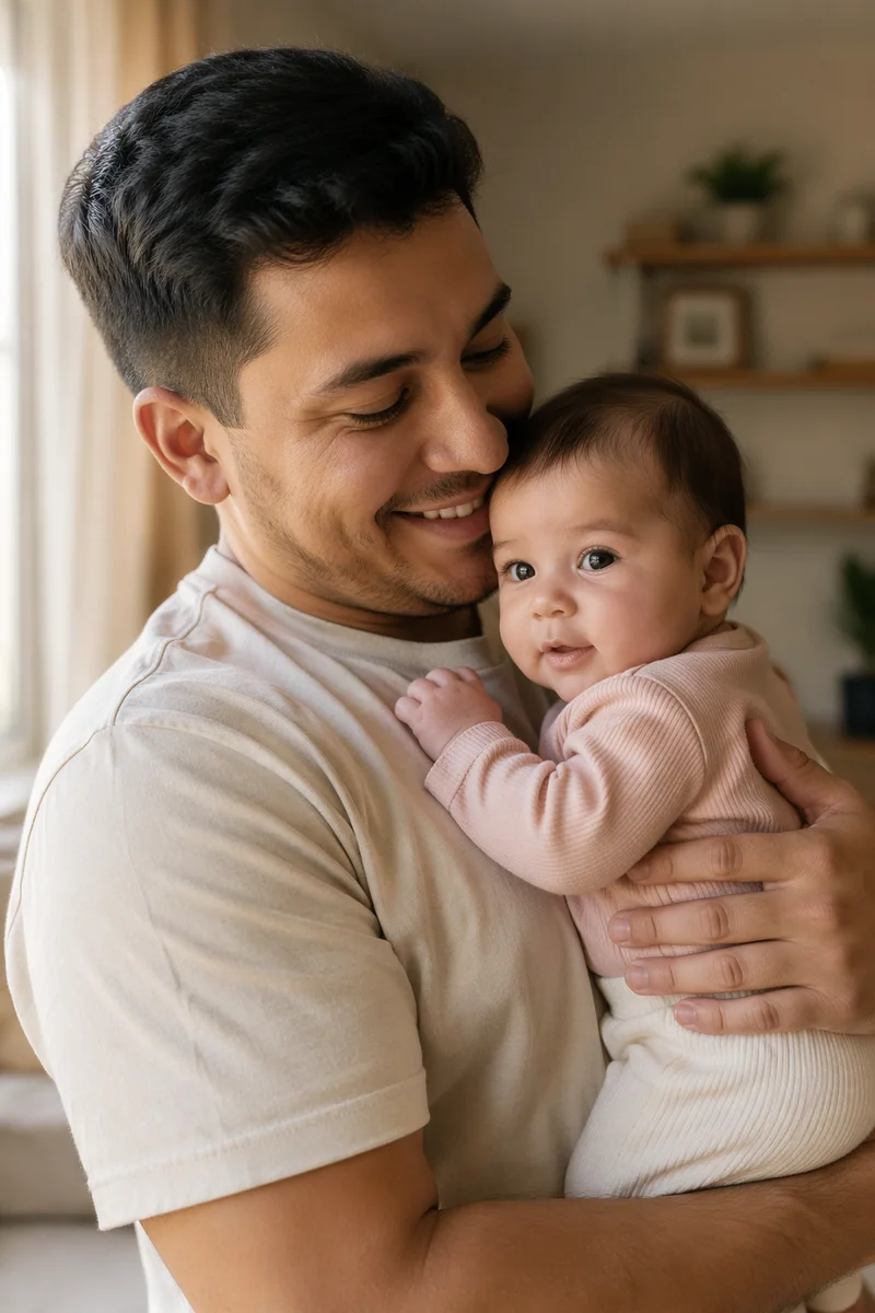 Smiling Father Holding Baby by Window