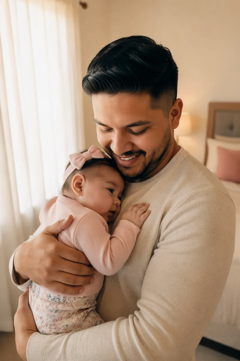 Smiling Father Holding Baby by Window