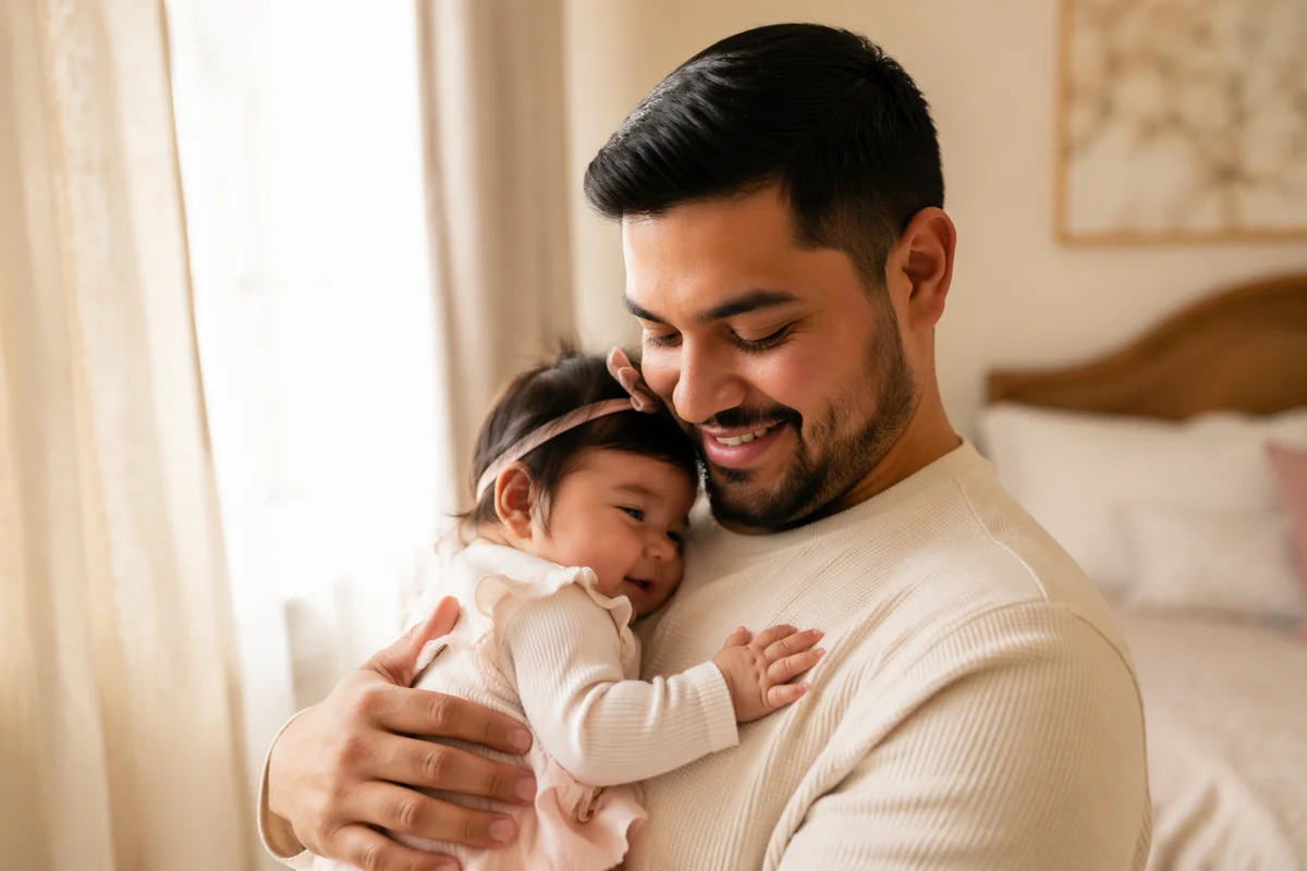 Smiling Father Holding Baby by Window
