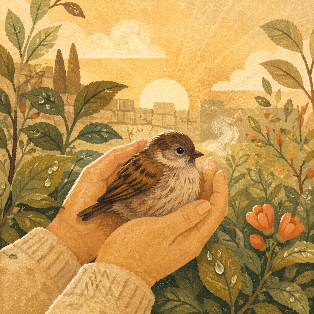 Gentle Hands Cradling Sparrow at Sunrise