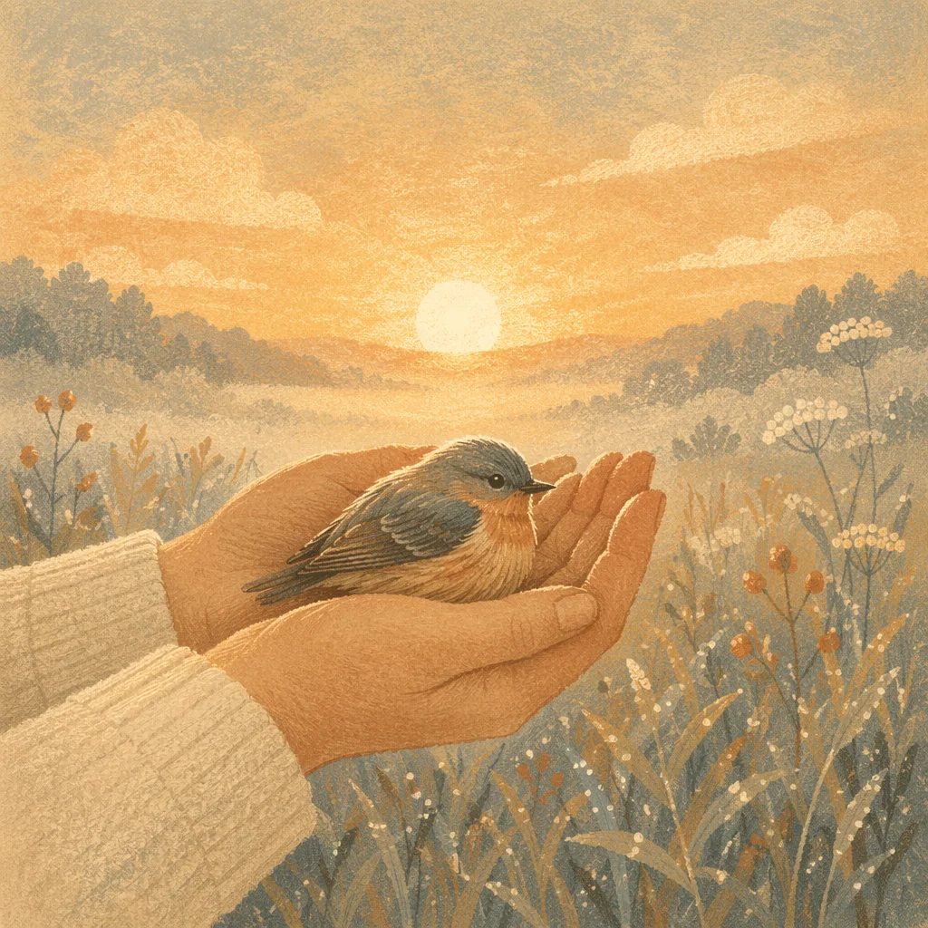 Gentle Hands Cradling Bird at Dawn