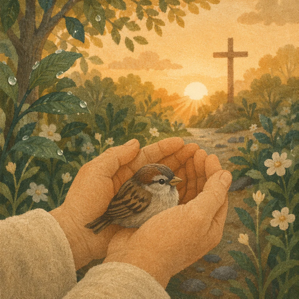 Gentle Hands Cradling Sparrow at Dawn