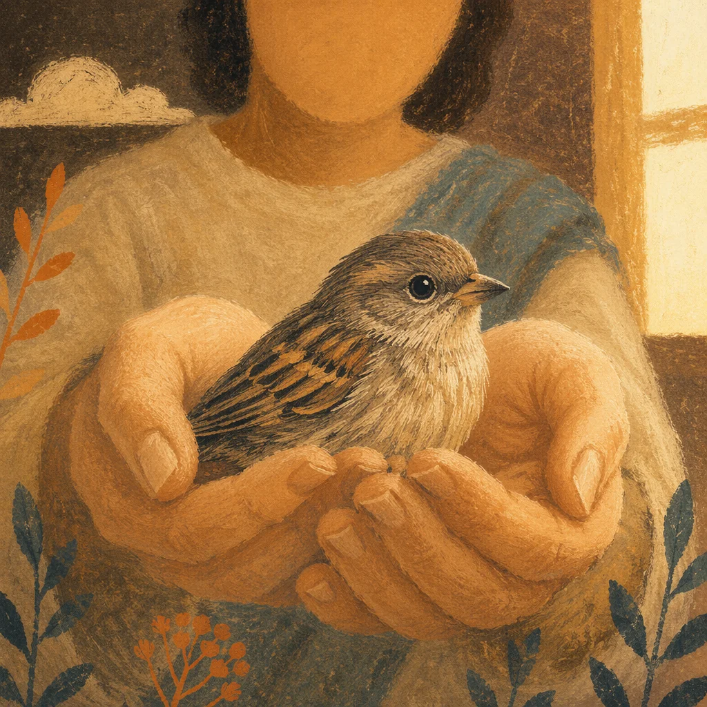 Gentle Hands Cradling a Small Bird