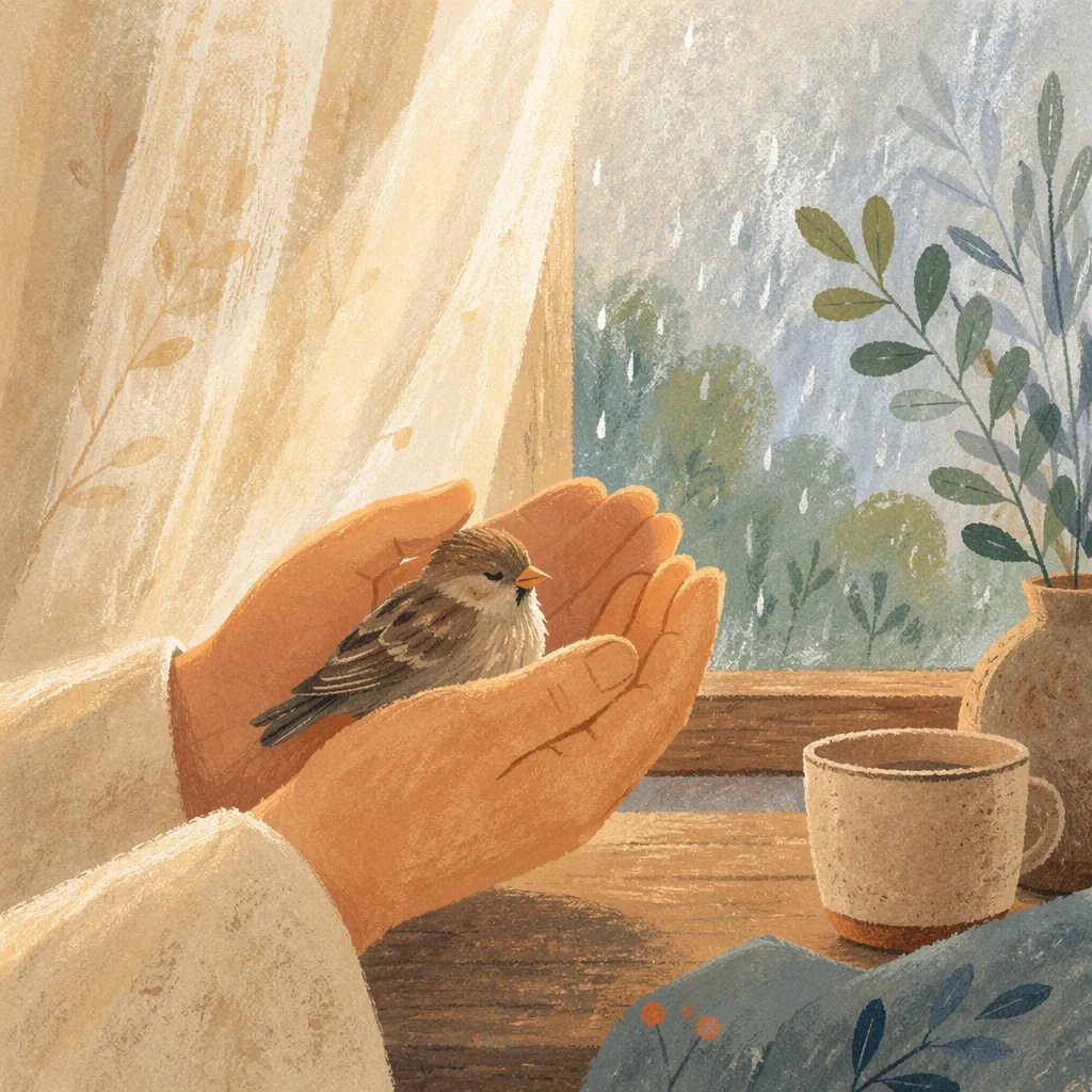 Gentle Hands Cradling Sparrow in Morning Light