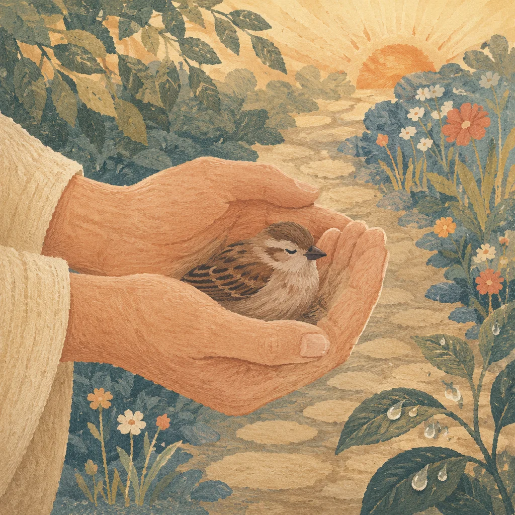Gentle Hands Cradling Sparrow at Sunrise