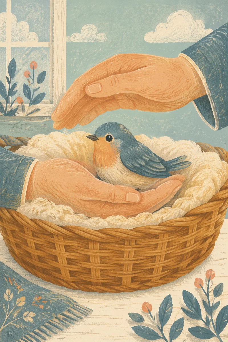 Gentle Hands Cradling Songbird in Basket