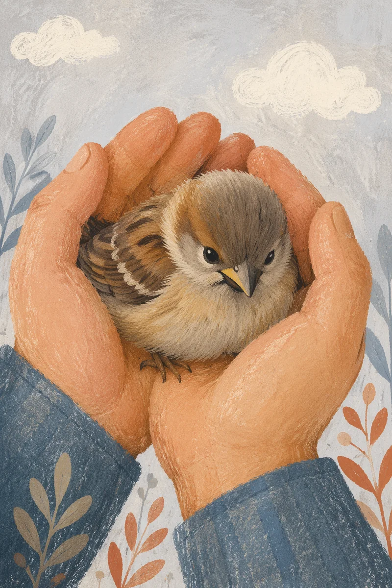Tiny Sparrow Held in Gentle Loving Hands
