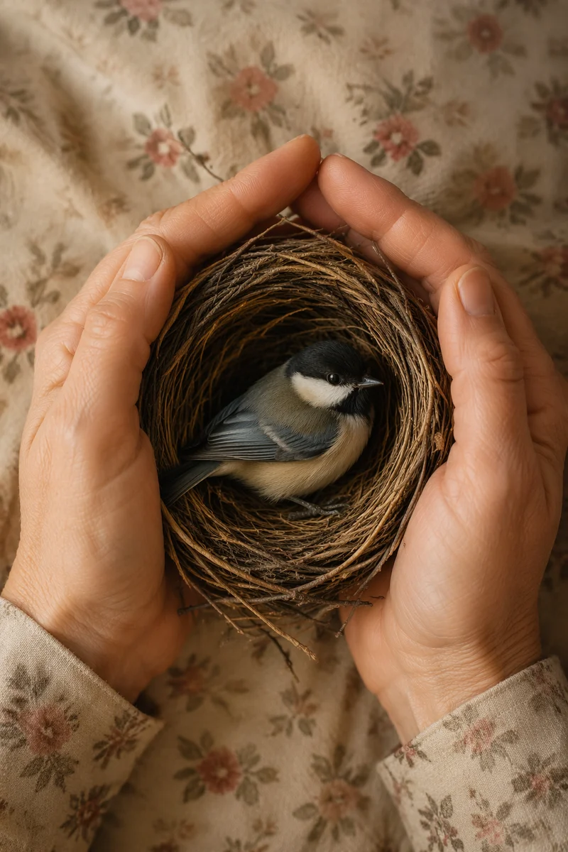 Gentle Hands Cradling Bird in Nest