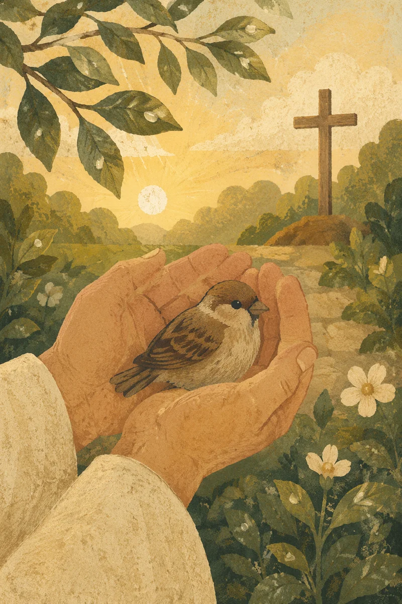 Gods Love Cradling a Rescued Sparrow