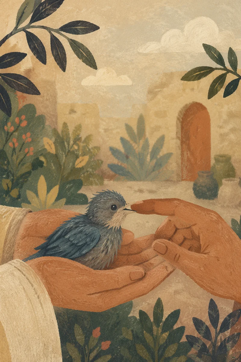 Tender Hands Cradling Fledgling in Divine Love