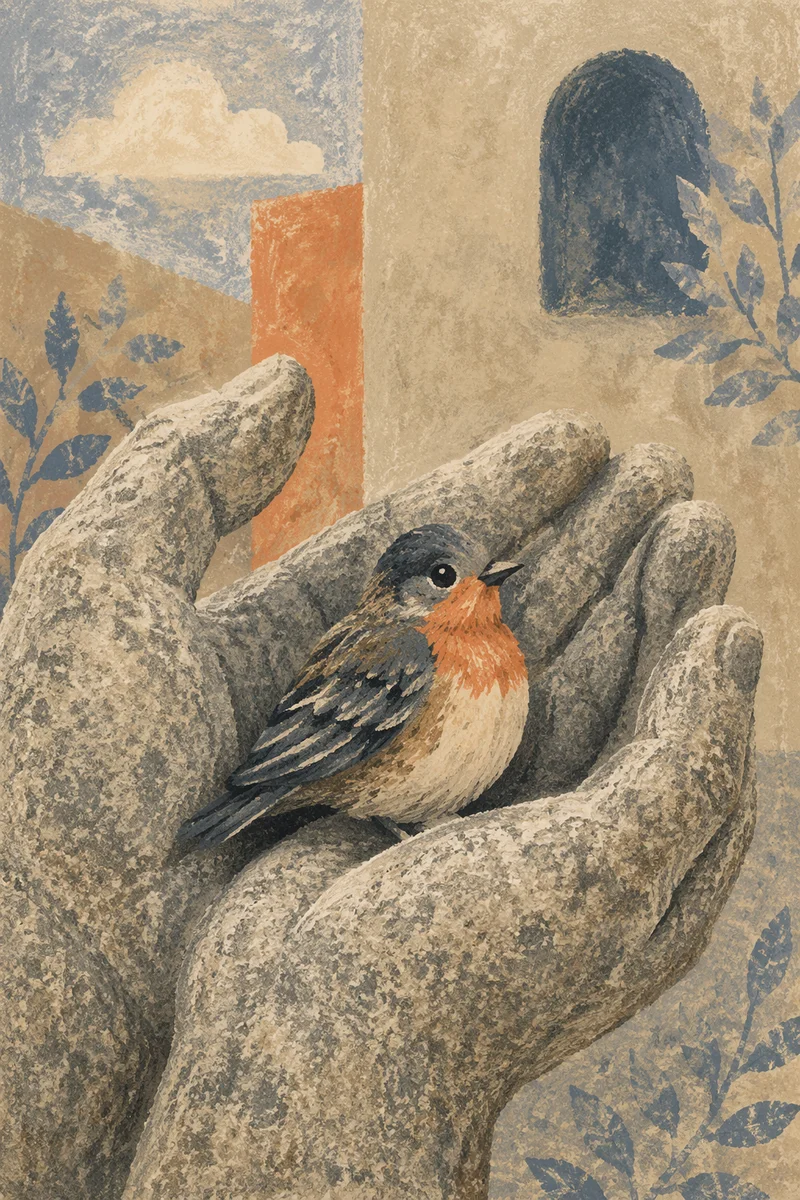 Gentle Stone Hands Cradling a Small Bird