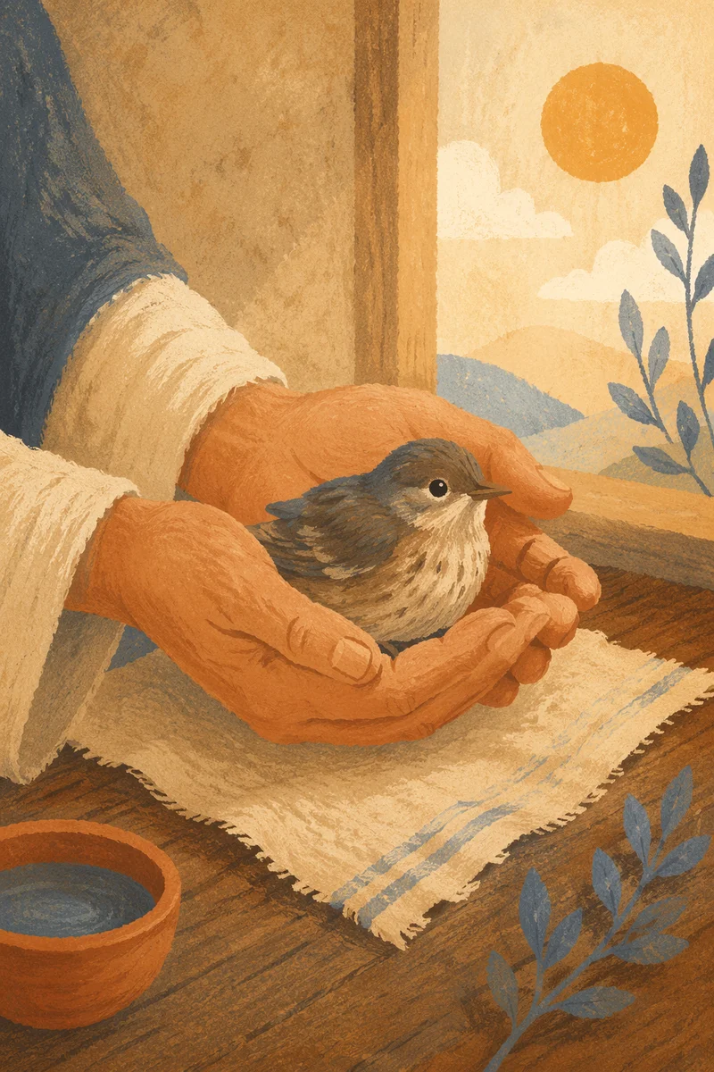 Gentle Hands Cradling a Small Bird