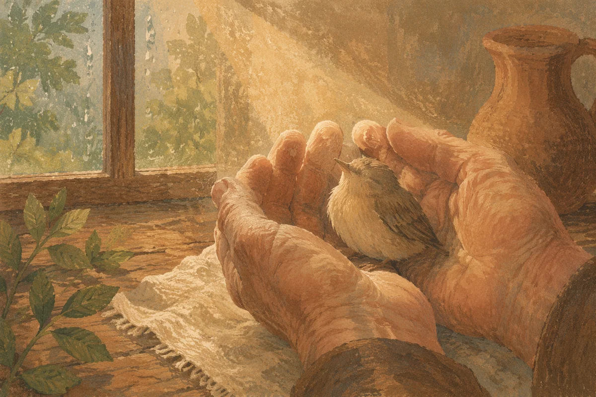 Tender Hands Cradling a Rescued Songbird