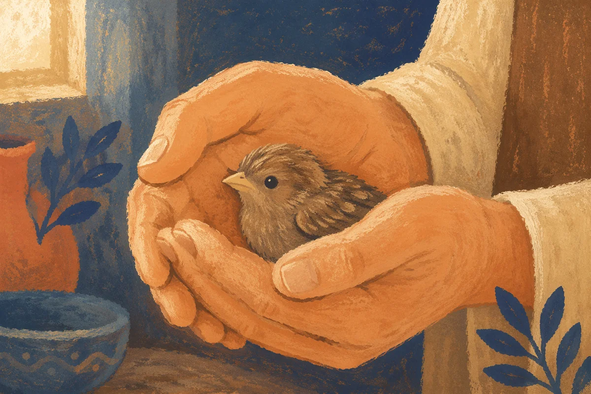 Gentle Hands Cradling a Fledgling Bird