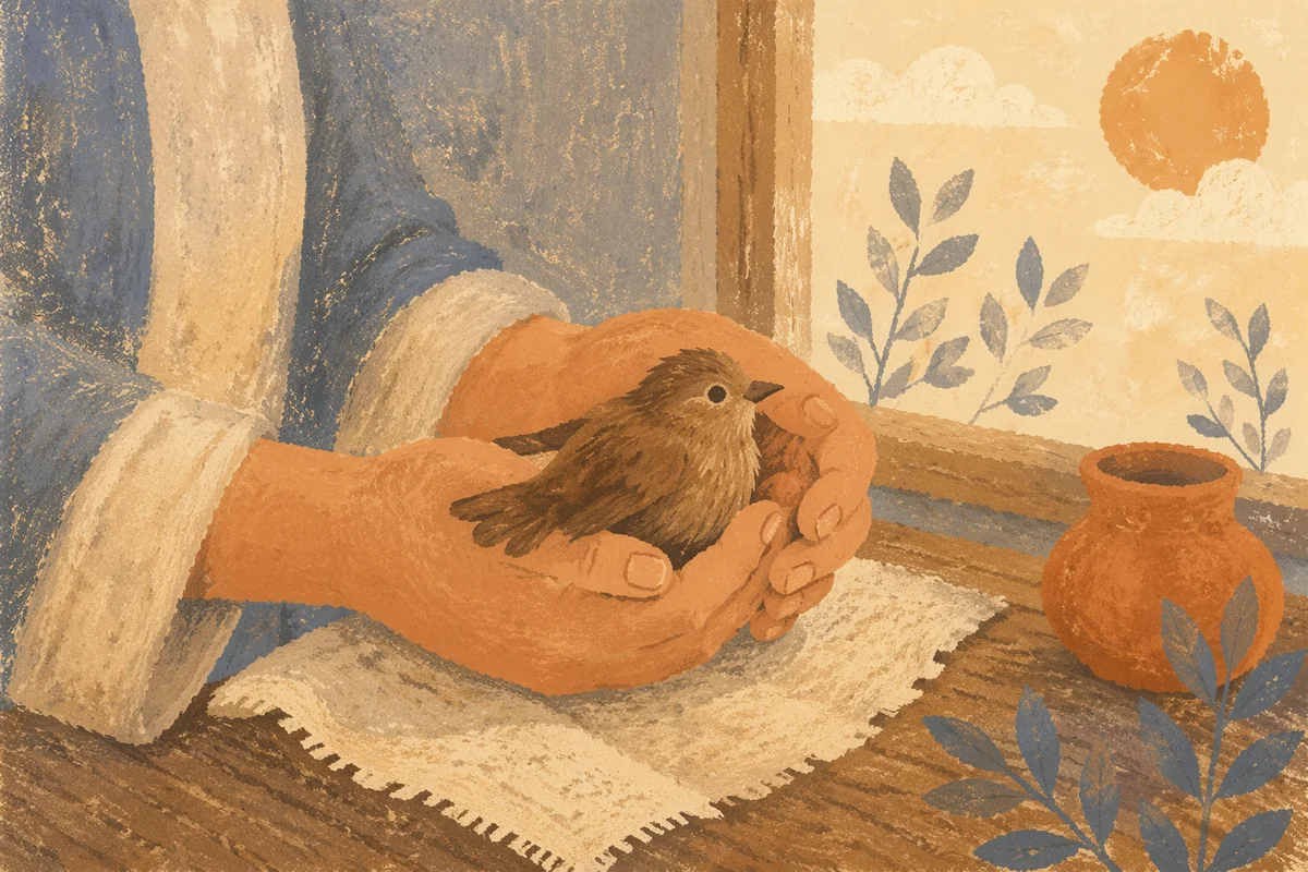 Gentle Hands Cradling a Small Bird