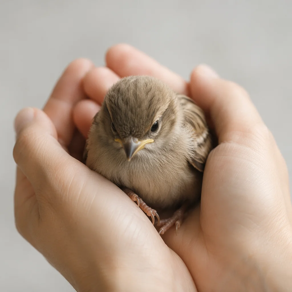 Gentle Hands Cradling a Tiny Sparrow