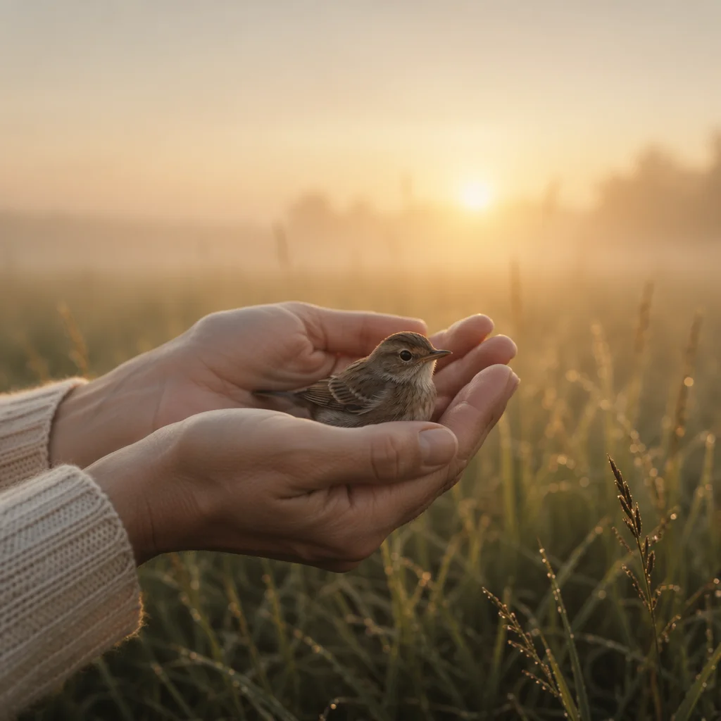 Gentle Hands Protecting a Small Bird