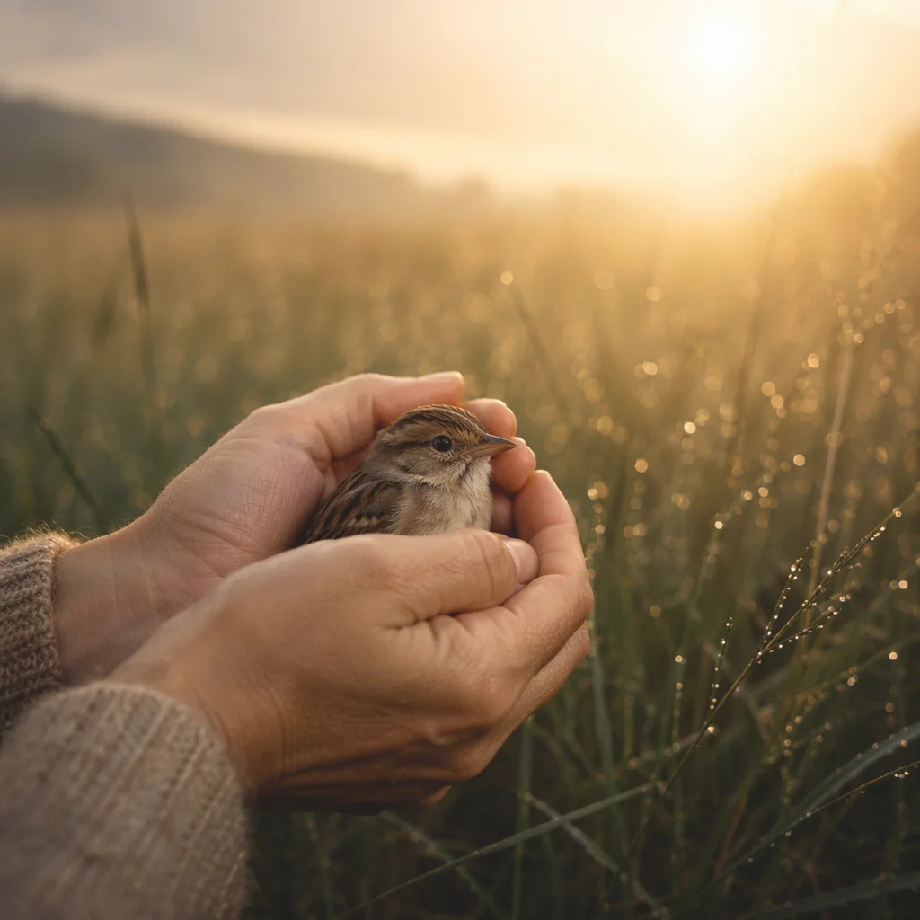 Gentle Hands Cradling a Small Bird
