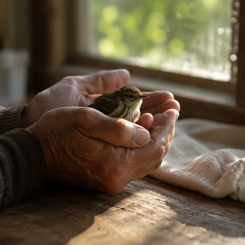 Tender Hands Cradling a Rescued Songbird