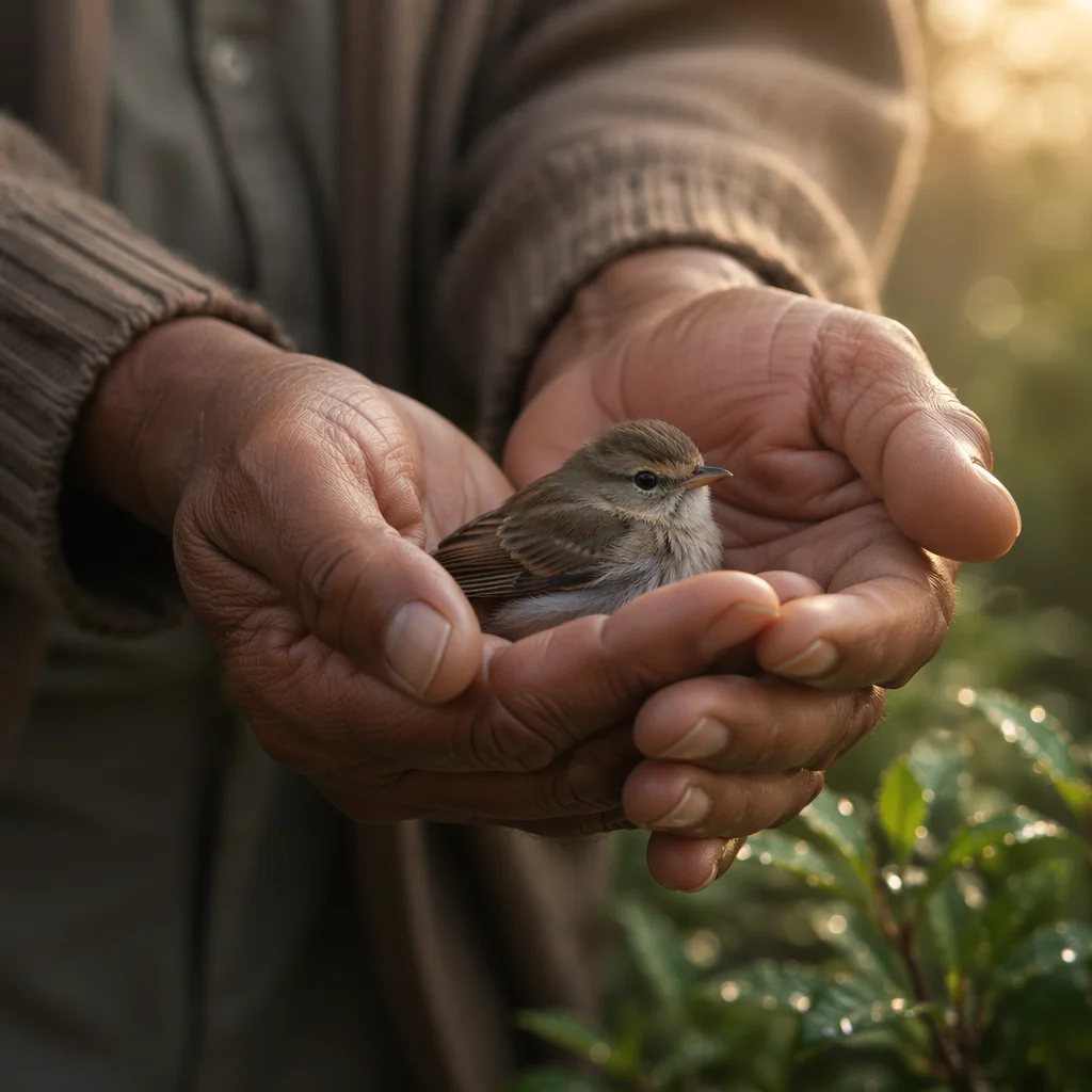 Gentle Hands Cradling Small Bird